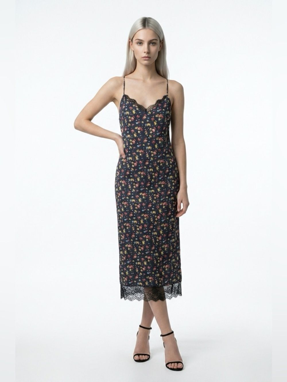 ZARA | Navy Floral Midi Dress with Black Lace Details Women’s Size X-Small